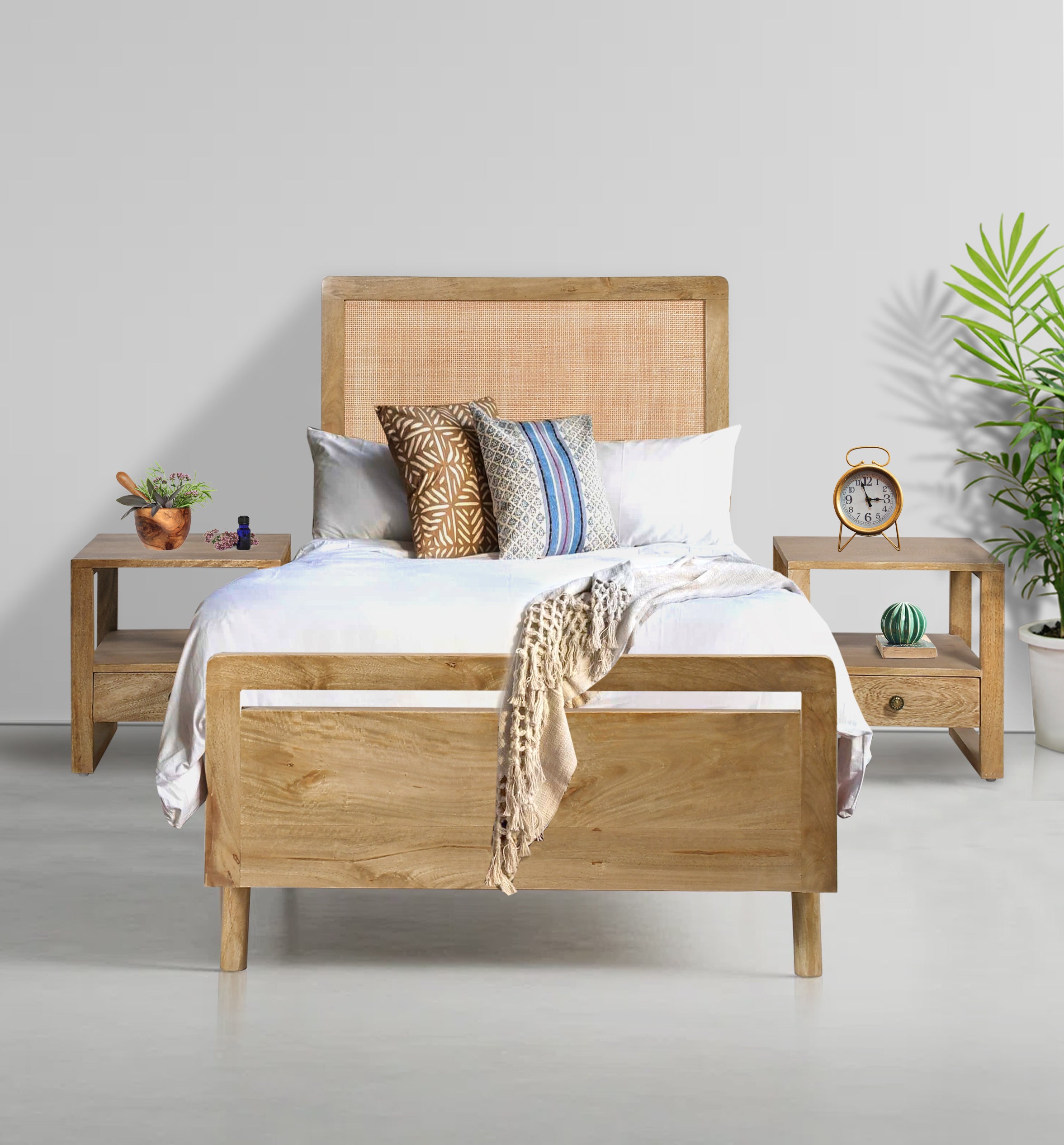 Solid Wood Bed Frame with Cane Headboard  Rustic Elegance for Your Bedroom