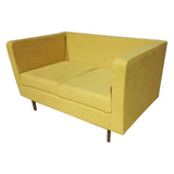 Sagwan wood sofa upholstered seat with yellow fabric two seater wooden legs