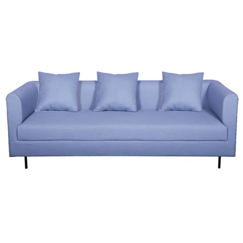 Sagwan wood upholstered sky blue fabric three seater sofa for living room