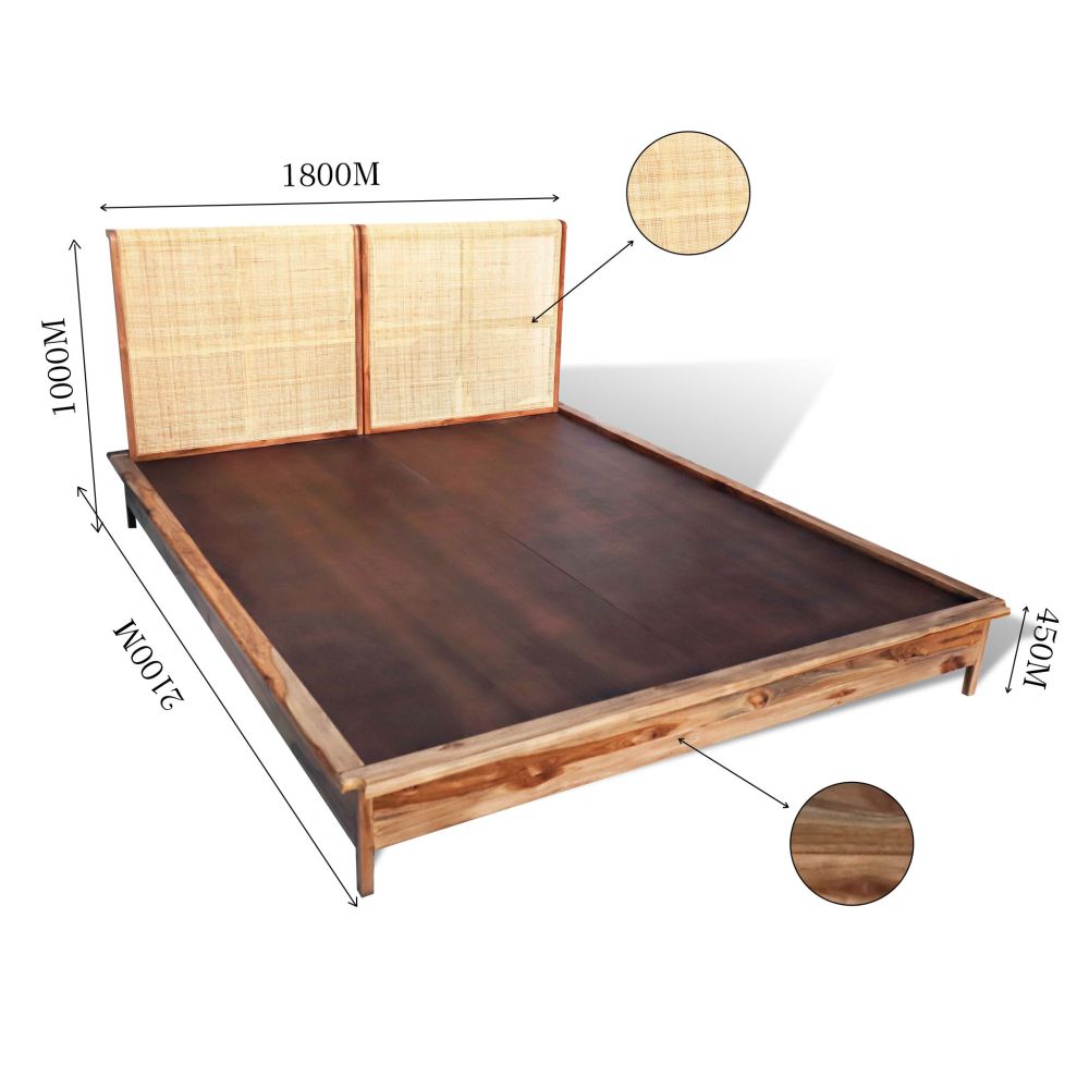 Sagwan Cane Rattan Wooden Bed in Queen Size (6X6 ft) Teak Finish