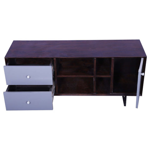 Sagwan wood tv table black finish metal frame chest of shutter and 2 drawers for living room