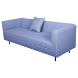 Sagwan wood upholstered sky blue fabric three seater sofa for living room