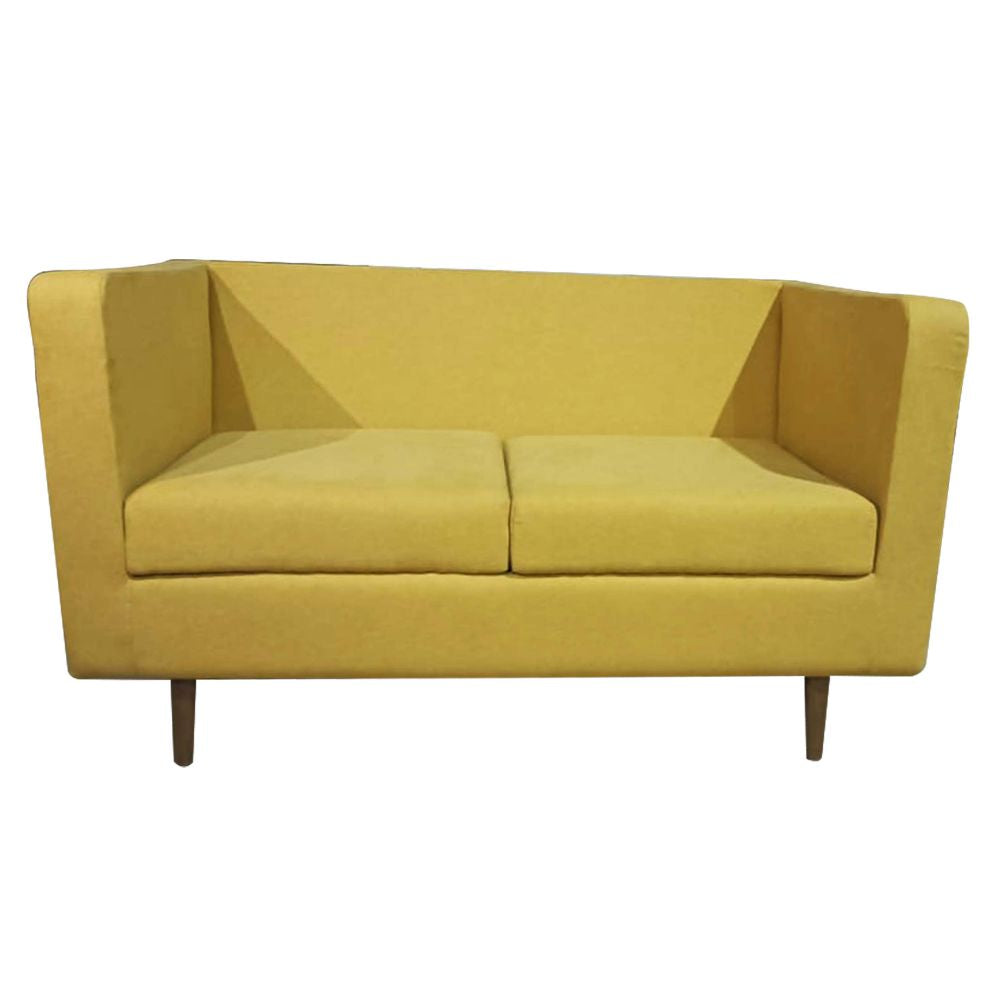 Sagwan wood sofa upholstered seat with yellow fabric two seater wooden legs