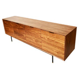 American walnut console with chest of racks in powder coated legs