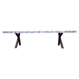 Contemporary dining table with terazzo look metal legs in sagwan gray distress on top
