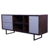 Sagwan wood tv table black finish metal frame chest of shutter and 2 drawers for living room
