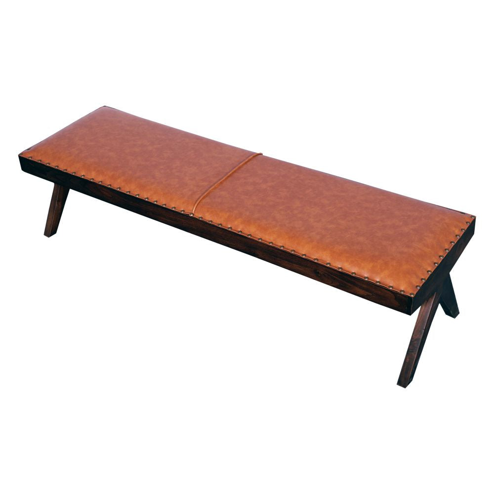 Leather  Seating Bench Natural  Wood Finish For Living Room